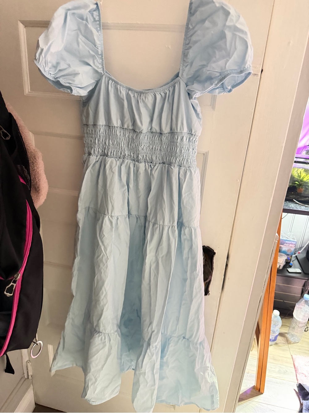 Whomans Light Blue Puff Sleeve Smocked Waist Dress